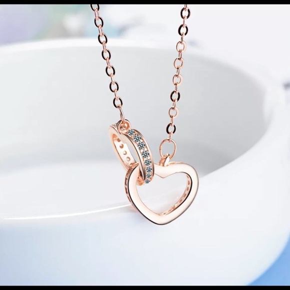 925 Sterling Rose Gold Double Love Heart Necklace - Picture 5 of 6